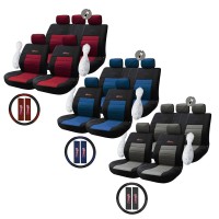 Seat Covers Set Universal with Detachable Headrest (Fabric) WRC 12 pcs Split + Seat Belt and Steering Wheel Covers Airbag Compat - ΜΑΥΡΟ/ΜΠΛΕ
